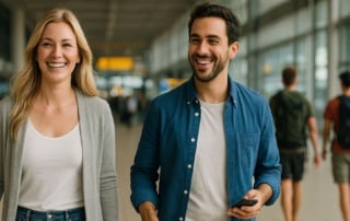 : Couple walking through Schiphol Airport arrivals hall towards their train transfer to Amsterdam city center